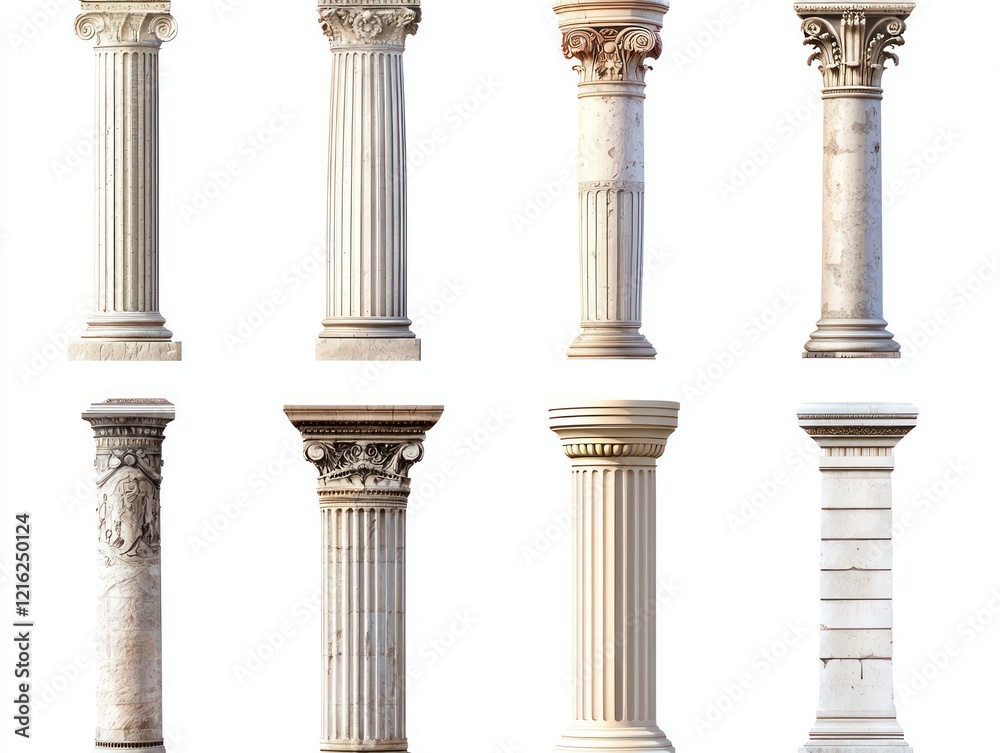 Set ancient columns in various architectural styles, isolated for design Set ancient columns in various architectural styles, isolated for design