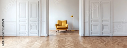 Yellow armchair in minimalist room with herringbone floors and white doors.