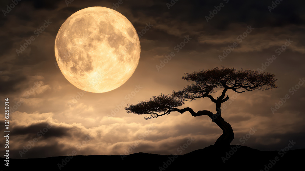 Fototapeta premium twisted tree with gnarled branches silhouetted against full moon