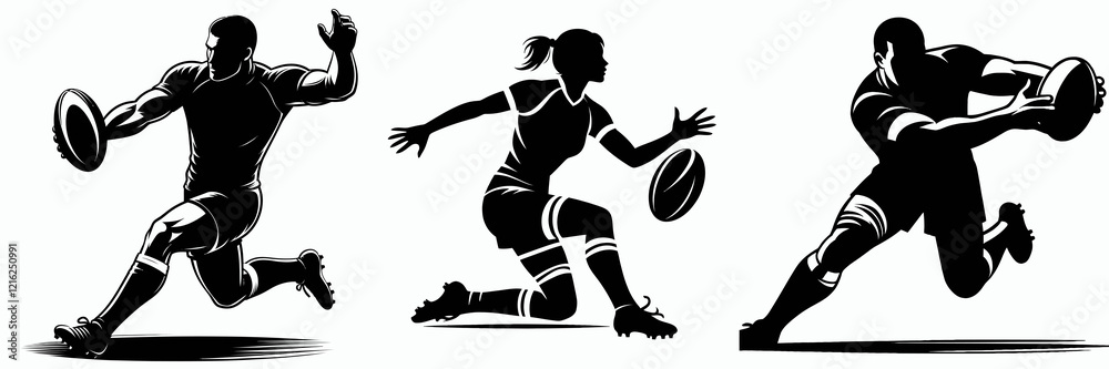 Fototapeta premium Three dynamic silhouettes of rugby players in action, showcasing diverse poses and movements, emphasizing athleticism and teamwork.