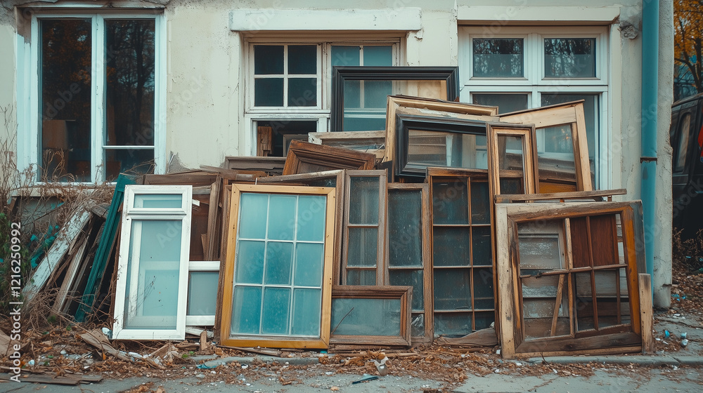 A large pile of weathered window frames near an abandoned house