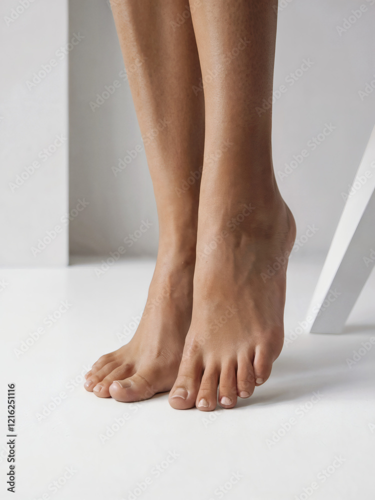 A close-up of a woman’s bare feet slightly on tiptoes, highlighting the natural arch and structure of her feet A close-up of a woman’s bare feet slightly on tiptoes, highlighting the natural arch and structure of her feet