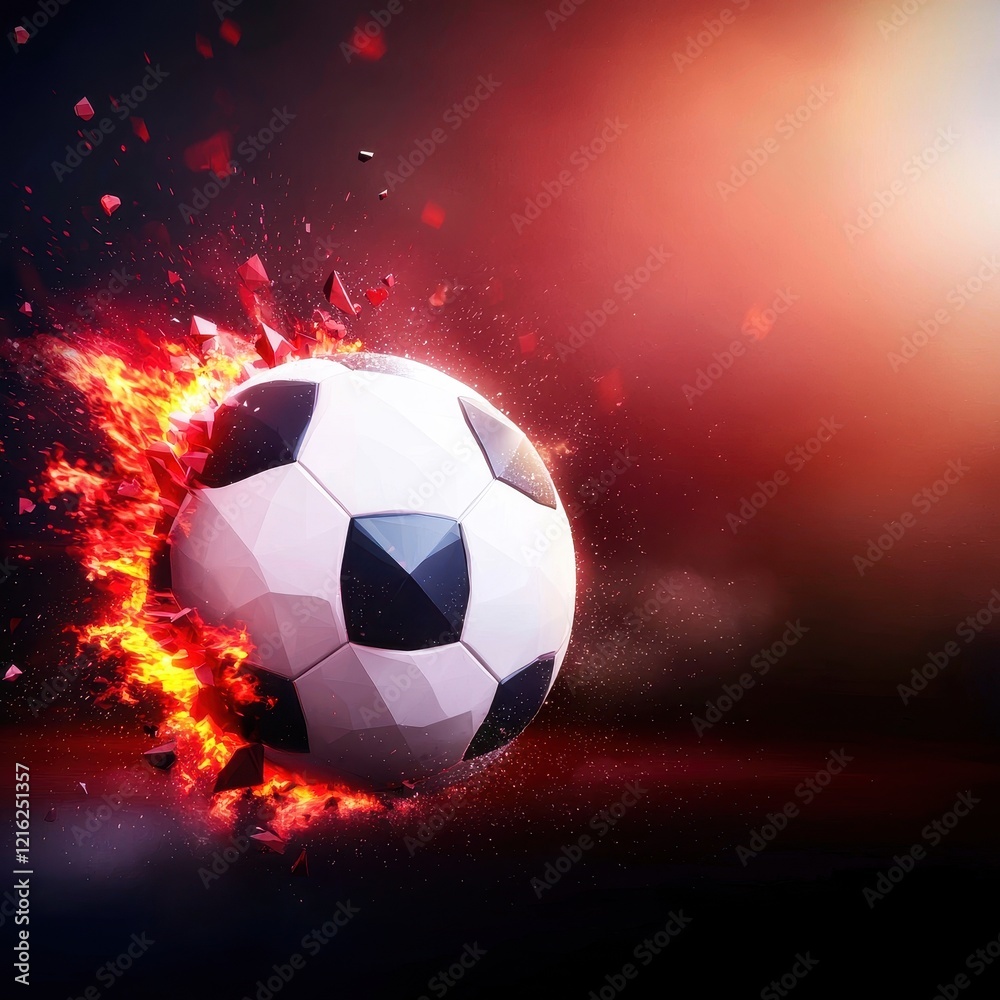 Naklejka premium Exploding Soccer Ball with Dynamic Particles and Colorful Background