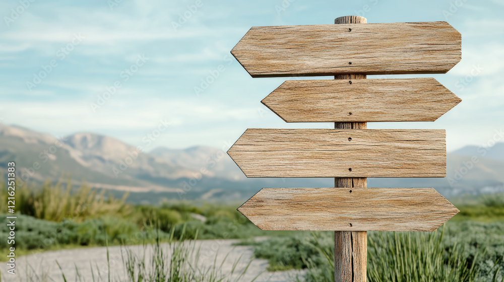 Naklejka premium Weathered signpost with arrows pointing in different directions, set against scenic landscape