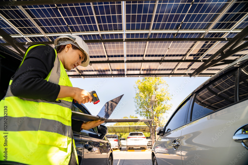 Engineer in safety vest and helmet pointing towards a solar powered carport, illustrating eco-friendly innovation in parking infrastructure. Solar panels provide shade and sustainable energy. Engineer in safety vest and helmet pointing towards a solar powered carport, illustrating eco-friendly innovation in parking infrastructure. Solar panels provide shade and sustainable energy.