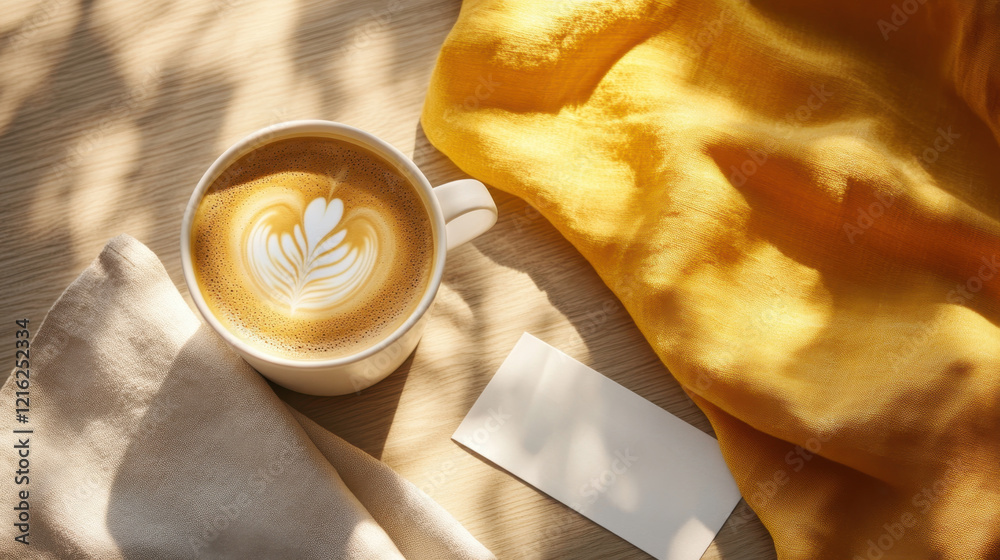 Cup of coffee with latte art, a blank business card, and soft fabric in beige and yellow against a wooden surface top down shot. Cup of coffee with latte art, a blank business card, and soft fabric in beige and yellow against a wooden surface top down shot.