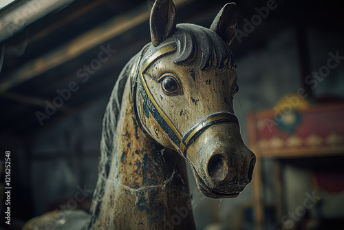 A weathered antique carousel horse, showing age and wear, stands in a dimly lit space. photo