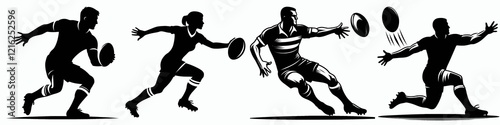 Wallpaper Mural Four silhouettes of athletes in motion, showcasing dynamic rugby actions including running and passing. Torontodigital.ca