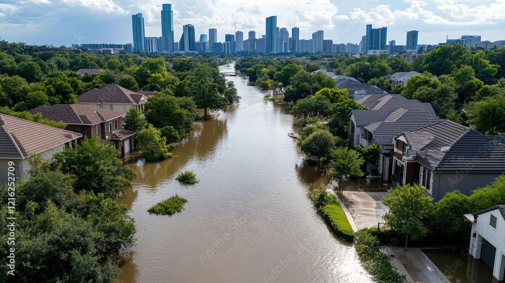 Aerial view of city flooded with water, showcasing submerged homes and greenery Aerial view of city flooded with water, showcasing submerged homes and greenery