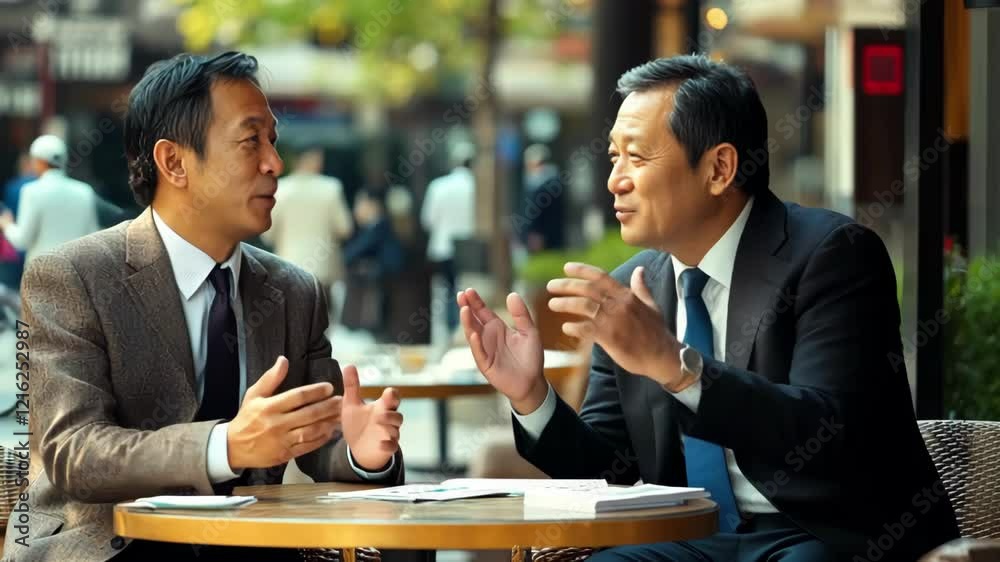 Two Asian Businessmen Meeting and Discussing Ideas in an Outdoor Cafe Two Asian Businessmen Meeting and Discussing Ideas in an Outdoor Cafe