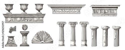 Set pediments and classic architectural elements from ancient cultures