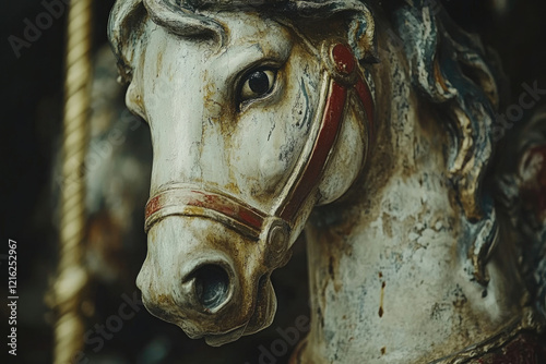 Weathered carousel horse head, detailed carving, rich patina, vintage charm. photo