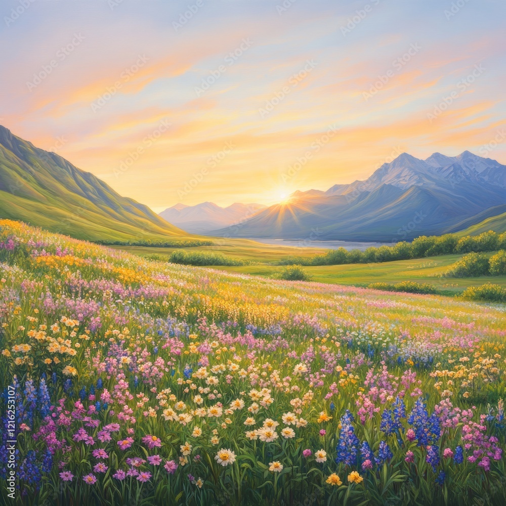 Obraz premium Serene Sunrise over Wildflower Meadow