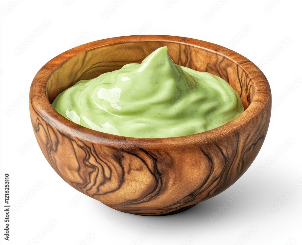 Fototapeta premium Creamy avocado dip in wooden bowl.