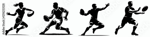 Silhouettes of athletes in dynamic rugby poses, showcasing movement and athleticism, representing the sport's energy and action.