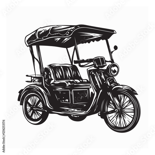 Black and white Tuk Rickshaw Image Vector Illustration On White Background.
