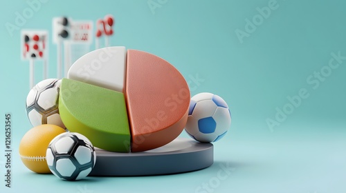 Sports popularity pie chart displaying soccer football and basketball indoor setting graphic design whimsical concept