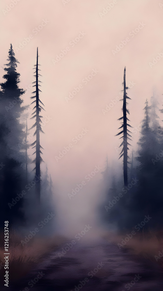 Misty Forest Path Leads Through Foggy Woods with Tall Trees in a Serene Atmosphere. Misty Forest Path Leads Through Foggy Woods with Tall Trees in a Serene Atmosphere.