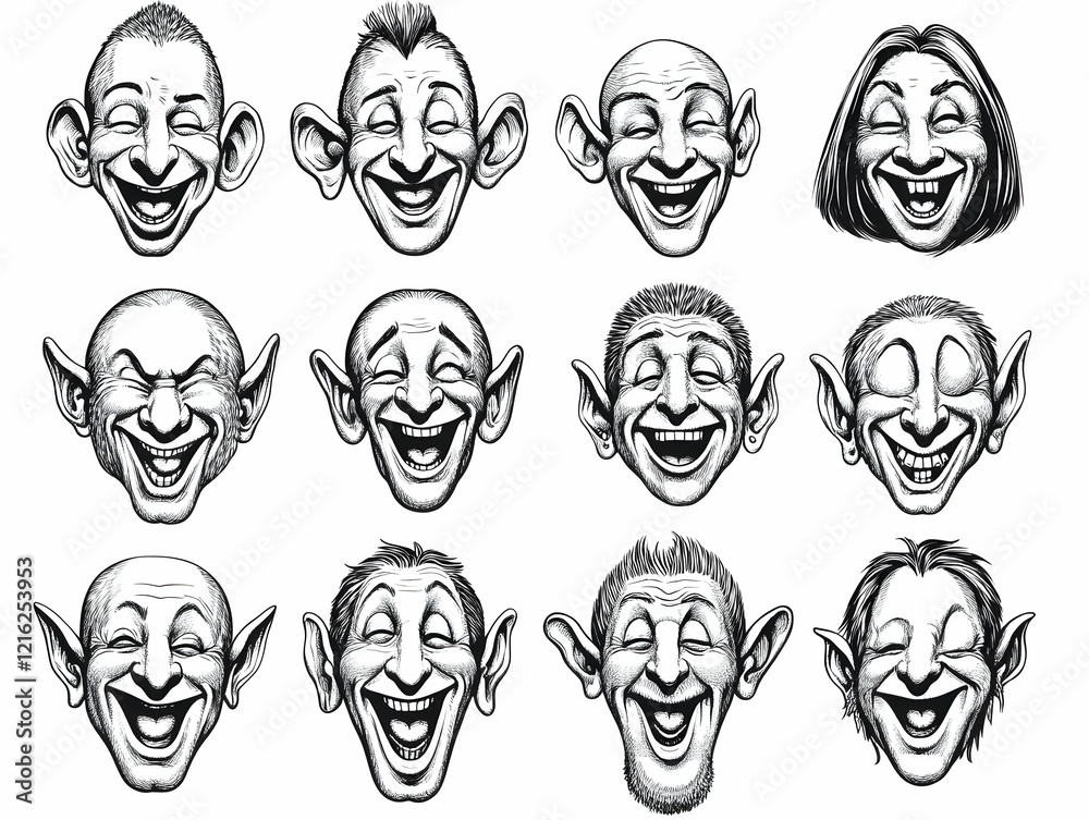 Twelve Caricature Faces Expressing Extreme Laughter and Joyful Emotions