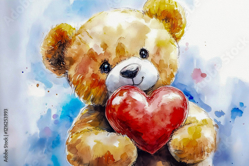Cute watercolor teddy bear with red heart shape