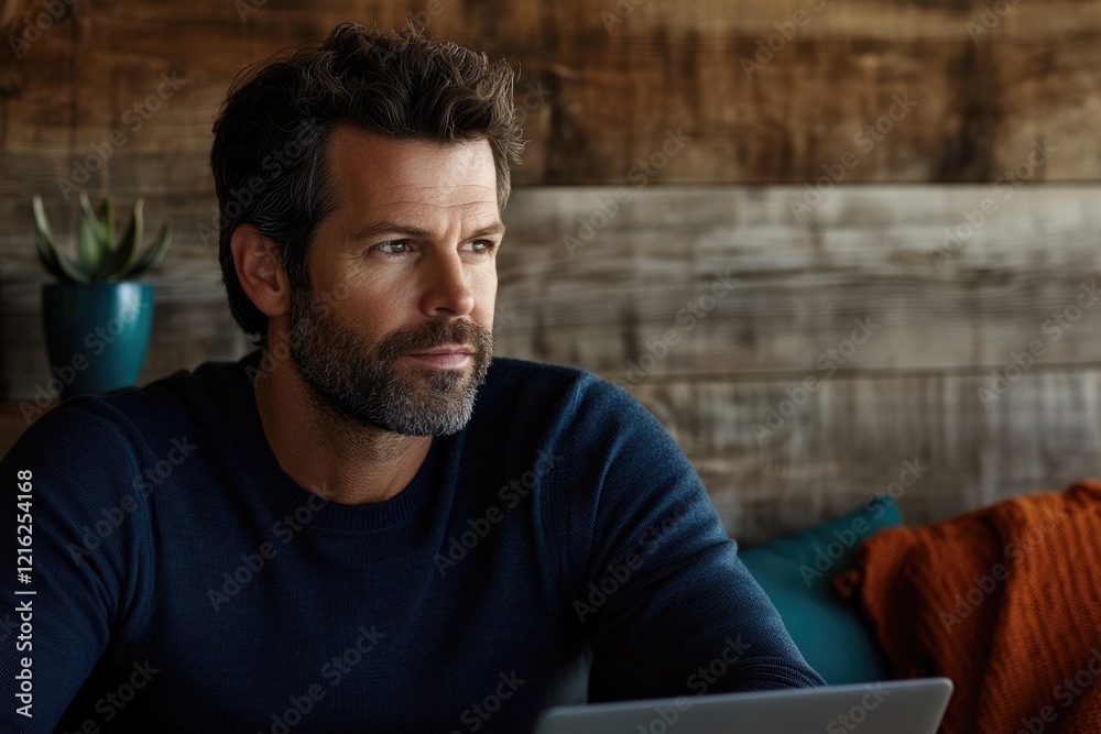 A contemplative middle-aged man with a beard, dressed in a dark sweater, gazes thoughtfully into the distance. A contemplative middle-aged man with a beard, dressed in a dark sweater, gazes thoughtfully into the distance.