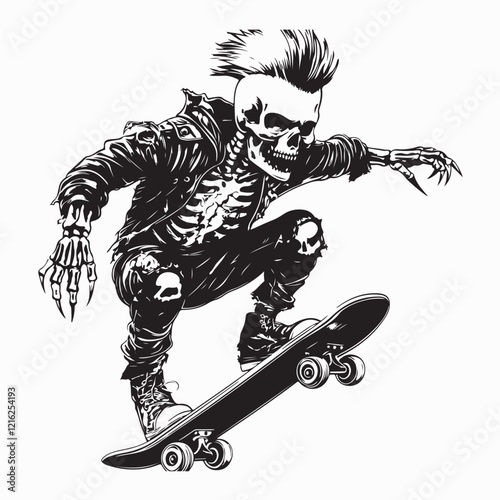 Punk Rock Skeleton Riding a Skateboard with Iconic Style Vector Illustration