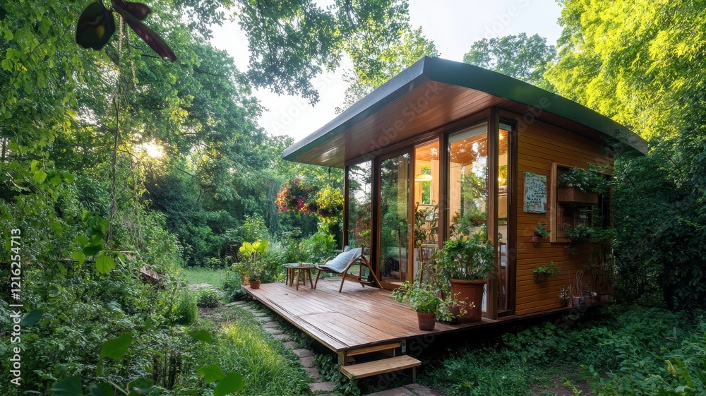 A charming tiny home nestled within a thriving permaculture garden, showcasing sustainable living in harmony with nature. A charming tiny home nestled within a thriving permaculture garden, showcasing sustainable living in harmony with nature.