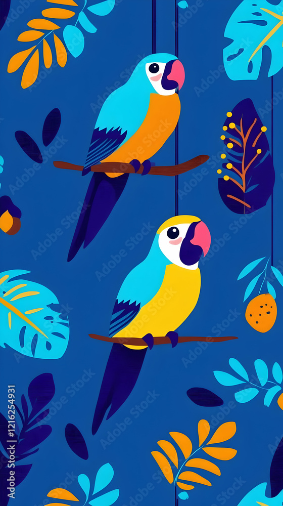 Two Colorful Parrots Perch on Branches Amidst Tropical Foliage on a Blue Background. Two Colorful Parrots Perch on Branches Amidst Tropical Foliage on a Blue Background.
