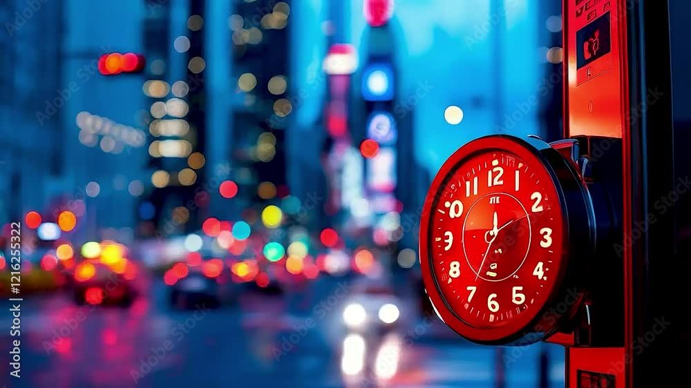 a red clock  and  a busy city street  at night