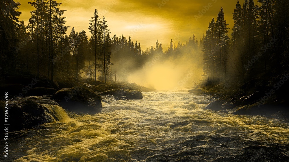 Sunrise over the tranquil river, enveloped in golden mist and surrounded by serene trees Sunrise over the tranquil river, enveloped in golden mist and surrounded by serene trees
