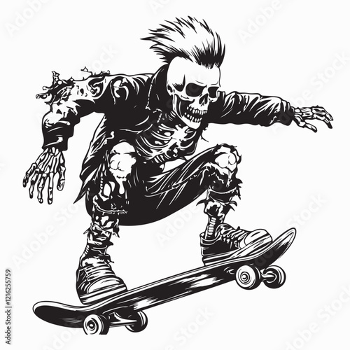 Skeleton Punk Rocker Showing Off Cool Moves on a Skateboard with Unique Style and Energy image vector.