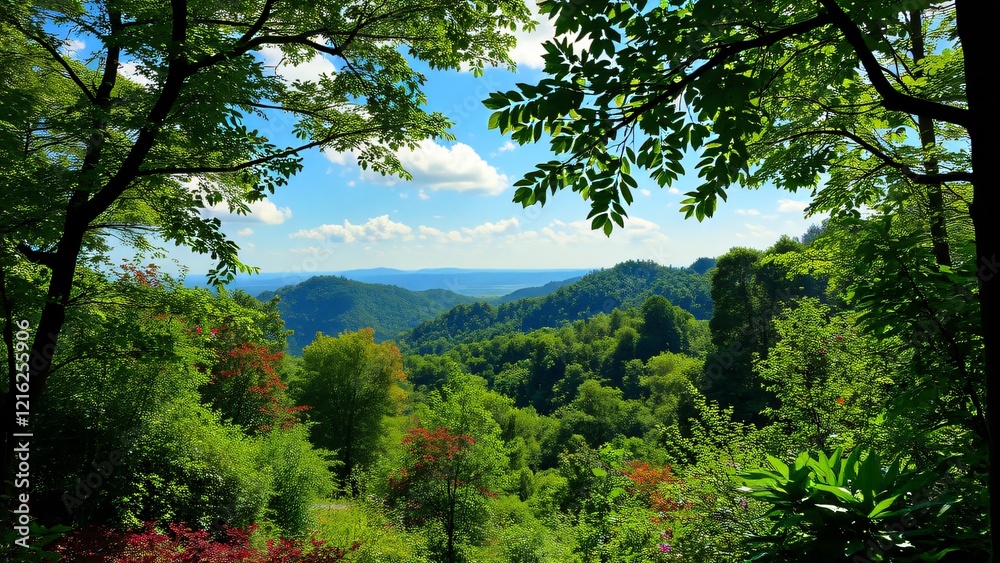 Serene Mountain Vista Through Lush Green Canopy Serene Mountain Vista Through Lush Green Canopy
