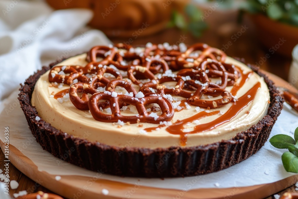 Salted caramel pretzel cheesecake tart, drizzled with caramel & topped with pretzels and sea salt. Perfect for dessert menus, blogs, or culinary websites showcasing delicious sweet treats. Salted caramel pretzel cheesecake tart, drizzled with caramel & topped with pretzels and sea salt. Perfect for dessert menus, blogs, or culinary websites showcasing delicious sweet treats.
