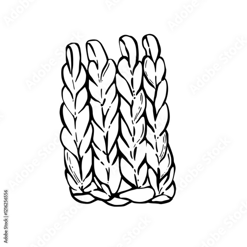 Knitted or crocheted hobby items. Hand knit element.Vector Hand drawing black and white line art illustration for handmade, hobby Knitting handicraft product design print isolated from background 