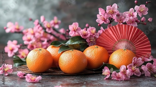 Celete Chinese New Year with a festive arrangement of tangerines, cherry blossoms, and red paper fans, all symbolizing happiness and prosperity in traditional Asian culture photo