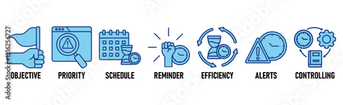  Time management banner web icon vector illustration concept with icon of objective, priority, schedule, reminder, efficiency, alerts, and controlling