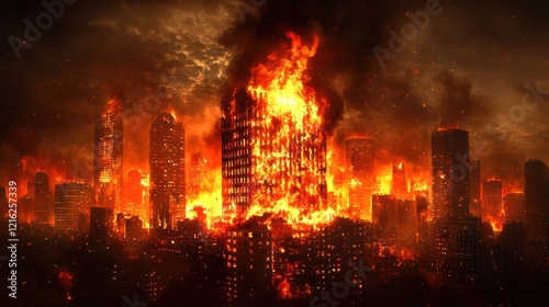 City engulfed in fire, large building burning in the middle