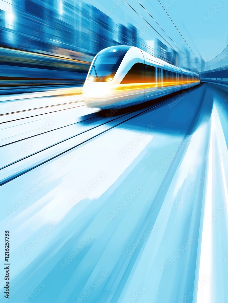 Obraz premium High-speed train gliding through a futuristic cityscape at dusk with motion blur effect