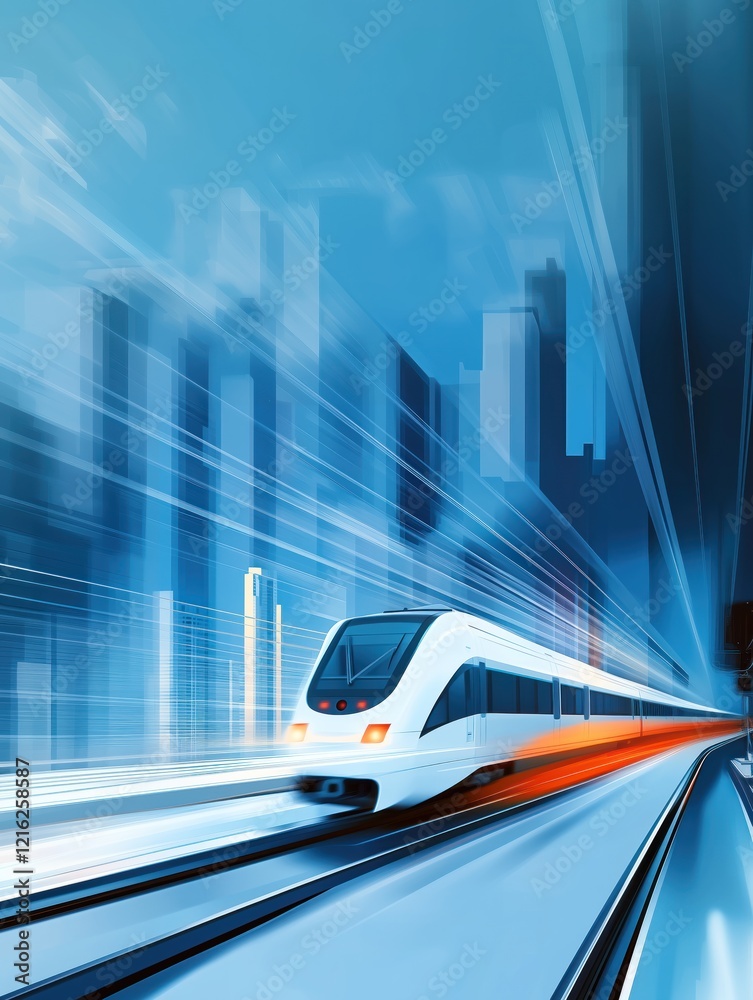 Obraz premium Fast train gliding through a futuristic cityscape at dusk with vibrant blue tones