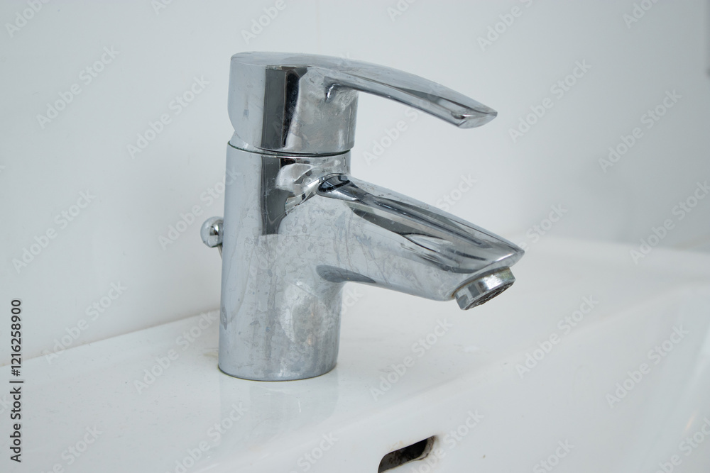Close up of a bathroom faucet with limescale stains and dirty sink