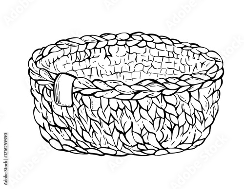 Knitted basket.Vector black line art hand drawing illustration. Hobby knitting handmade element for yarn skeins, macrame. Isolated from background clipart for handicraft product logo, sticker, label.