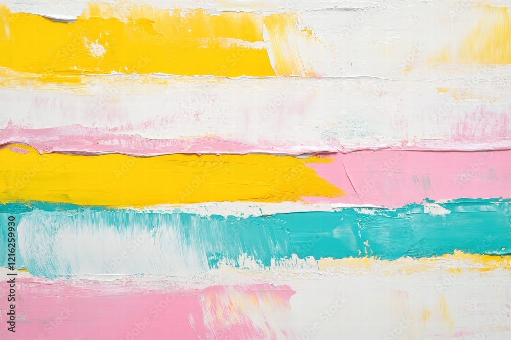 Abstract acrylic painting with vibrant stripes of yellow, pink, white, and turquoise, ideal for backgrounds or modern art designs in creative projects. Abstract acrylic painting with vibrant stripes of yellow, pink, white, and turquoise, ideal for backgrounds or modern art designs in creative projects.