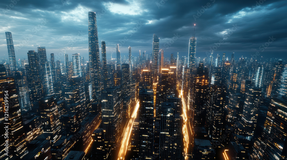 Fototapeta premium neon futuristic skyline with towering skyscrapers and glowing lights