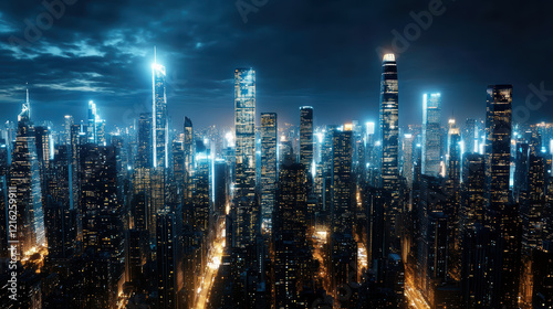 Wallpaper Mural Futuristic skyline with towering skyscrapers illuminated at night Torontodigital.ca