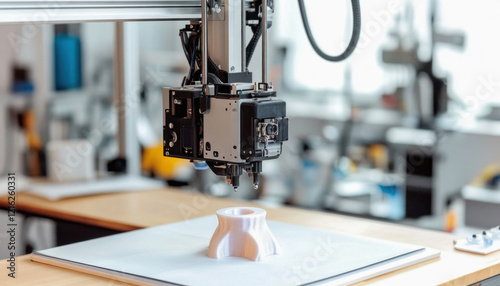 Modern 3d printer creating white plastic object in laboratory photo