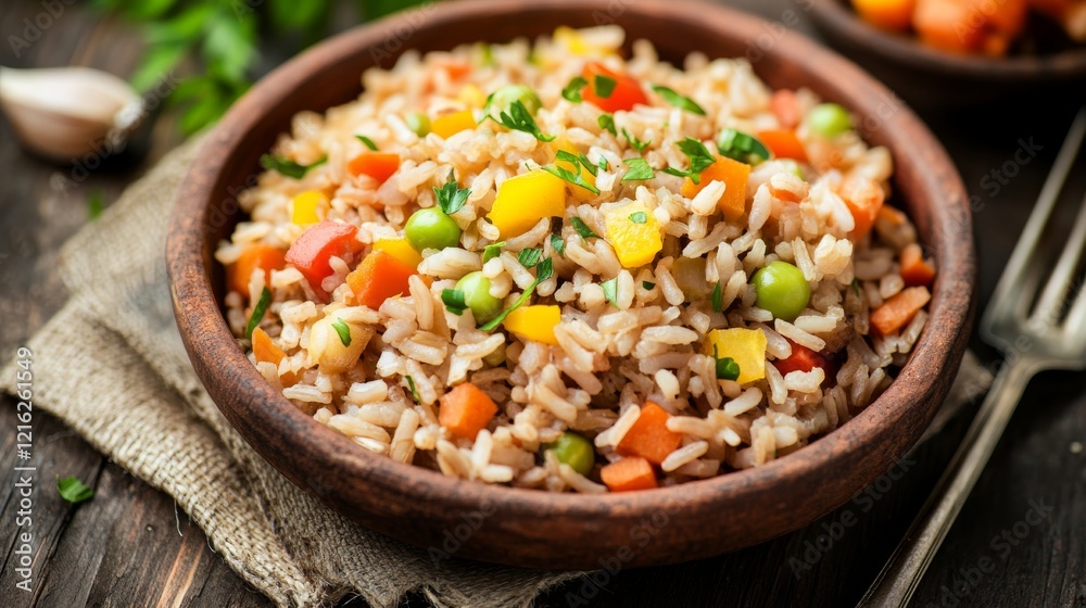 Brown rice with vegetables on a rustic ceramic plate, emphasizing wholesome and hearty appearance. Ideal for healthy meal plans and recipe sharing.