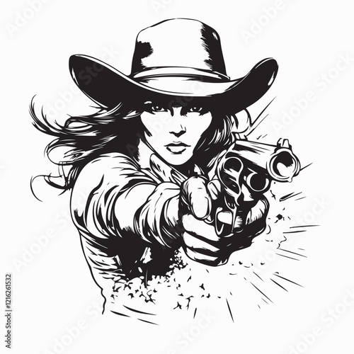 Beautiful Cool Cowgirl Aiming with Pistol Ready to Shoot Vector Illustration