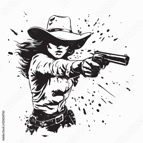 Stylish Cowgirl Aiming Her Pistol Ready to Fire Vector Illustration of a Strong Woman
