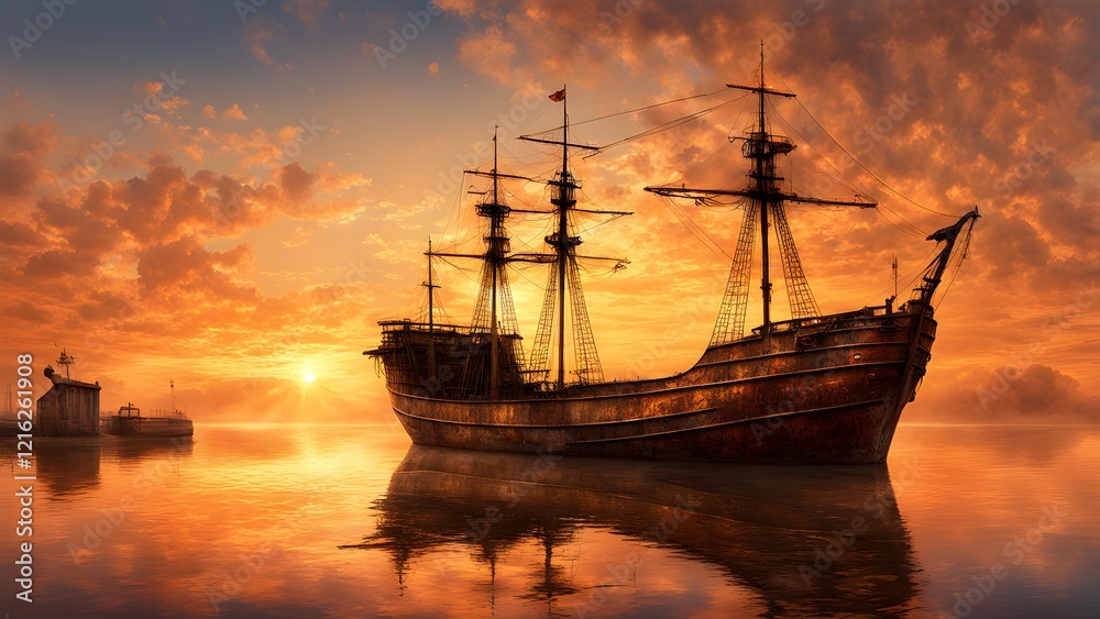 A weathered galleon rests serenely on calm waters at sunset, its reflection mirrored in the fiery orange hues of the sky. A weathered galleon rests serenely on calm waters at sunset, its reflection mirrored in the fiery orange hues of the sky.