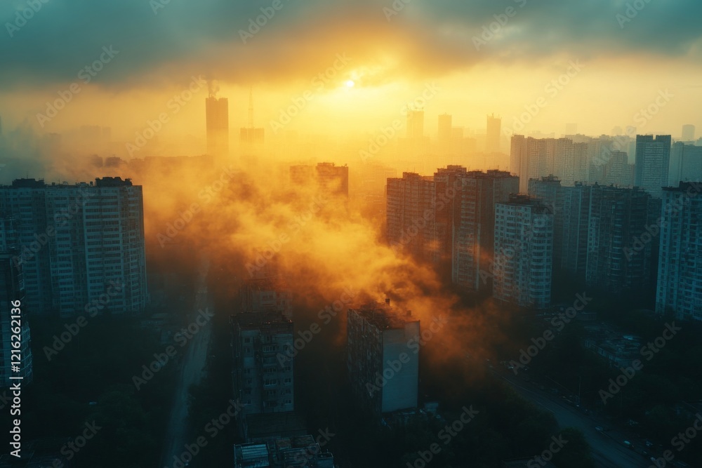 Fototapeta premium Sunset Glow With Urban Smoky Skyline